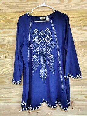 Women's Embroidered Tunic Top XL Blue White 100% Cotton Boho Cottagecore Artsy